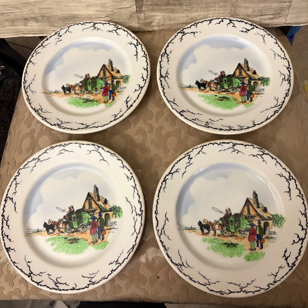 Vintage Syracuse China OP Co Hand Painted Railroad Hotel Plates Set of 4